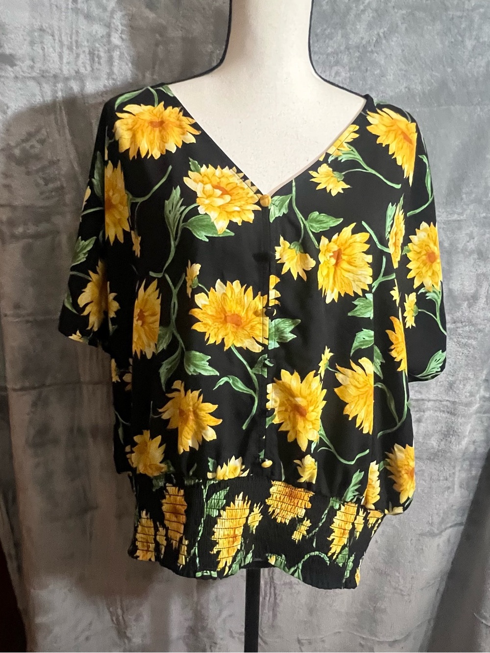 Forever 21 Black Sunflower Print V-Neck Blouse
